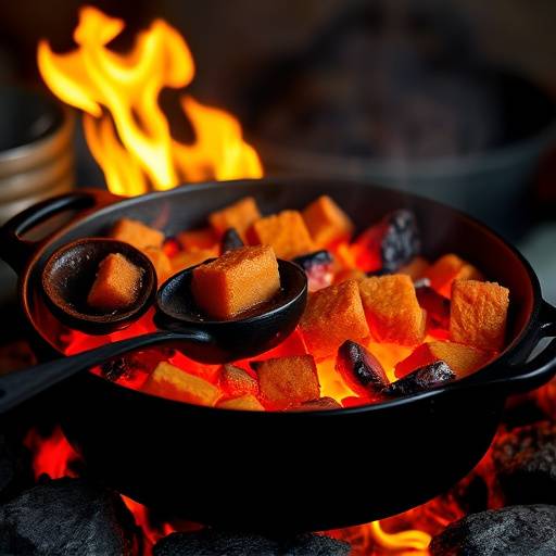 A rustic cast iron pot filled with Potjiekos, surrounded by flames and embers.