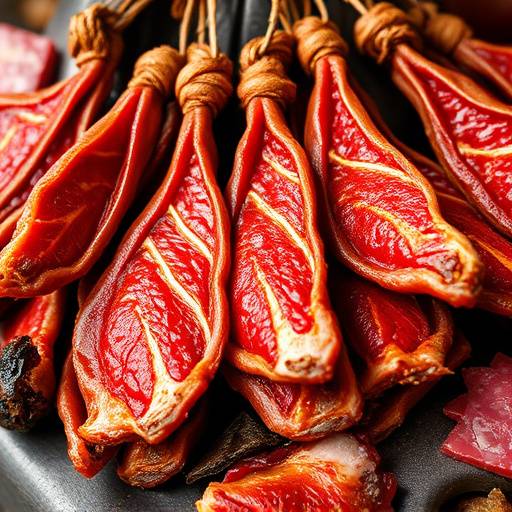 Biltong, dried and cured meat, ready to eat