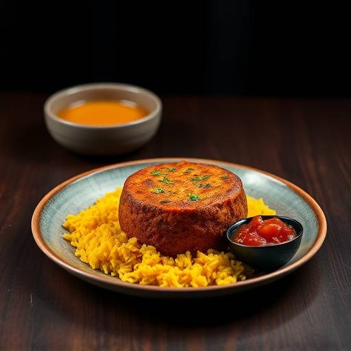 Bobotie served with yellow rice and chutney