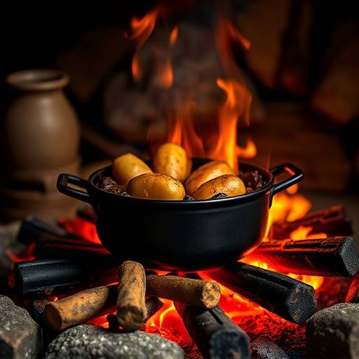 Image of a large potjiekos cooking over an open fire