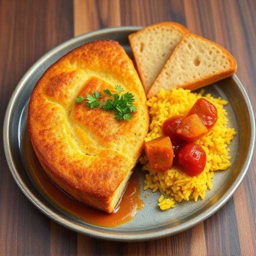 Image of a pan of bobotie with golden crust, served with yellow rice and chutney