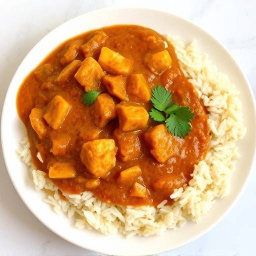 Image of a pot of Durban curry with meat and potatoes, served with rice and roti
