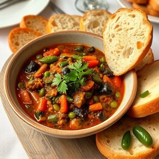 Image of a table with a bowl of chakalaka dip and crusty bread